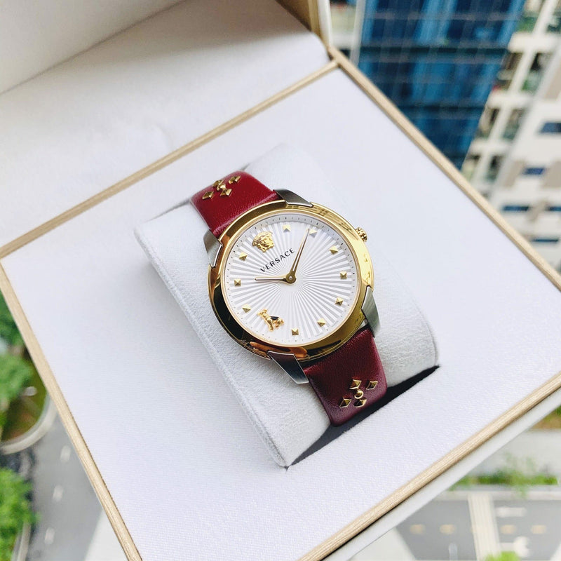 Versace Audrey Quartz Silver Dial Red Leather Strap Watch for Women - VELR00219 Buy Now By Versace