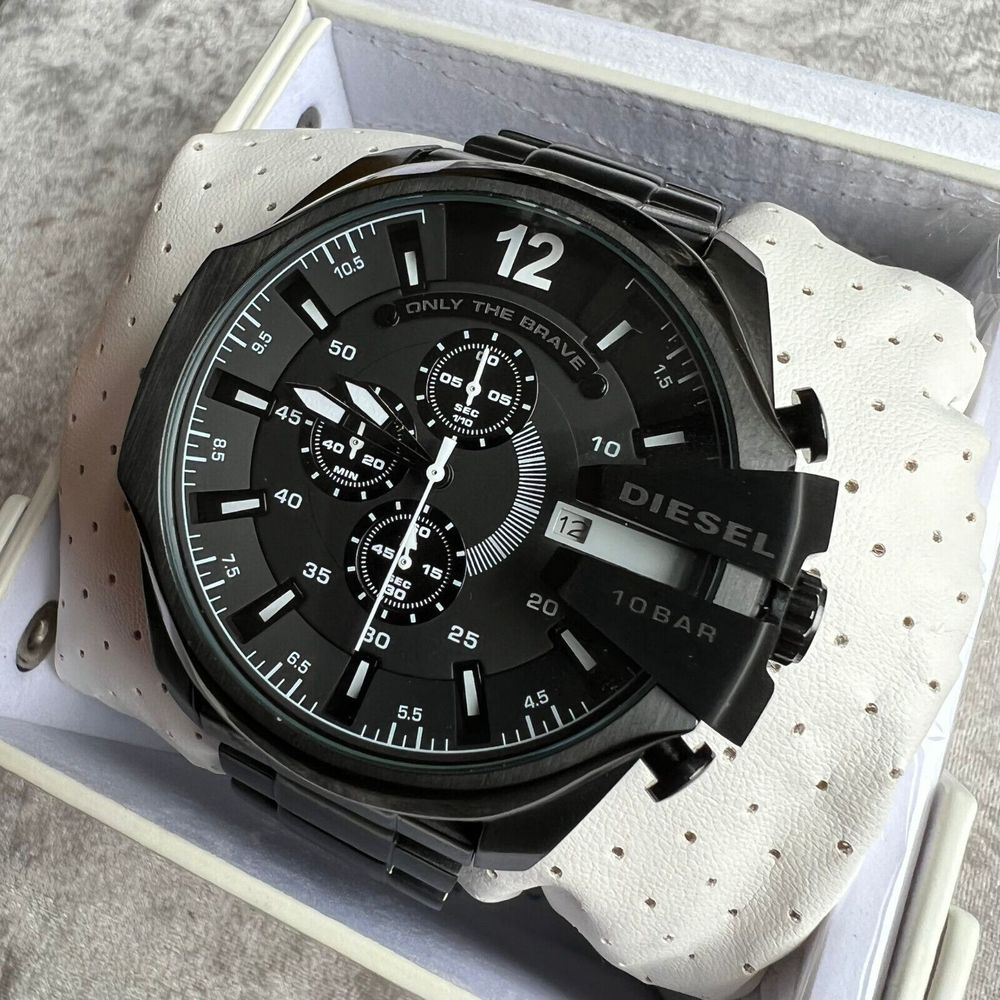 Diesel Mega Chief Chronograph Black Dial Black Steel Strap Watch For Men - DZ4283