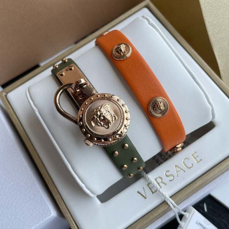 Versace Medusa Lock Icon Quartz Beige Dial Green Leather Strap Watch for Women - VEDW00519 Buy Now By Versace