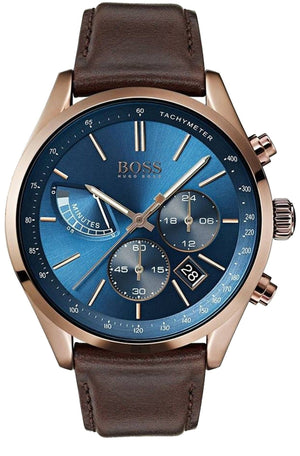 Hugo Boss Grand Prix Chronograph Blue Dial Brown Leather Strap Watch for Men - 1513604