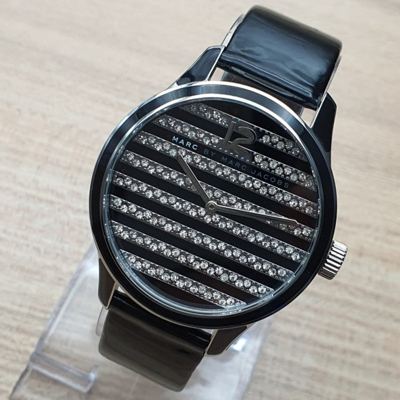 Marc Jacobs Lidia Stripe Glitz Black Dial Black Leather Strap Watch for Women - MBM1166 Buy Now By Marc Jacobs
