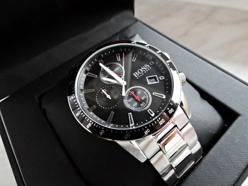 Shop Hugo Boss Rafale Chronograph Black Dial Silver Steel Strap Watch for Men - 1513509 in USA