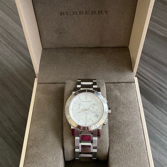Shop Burberry City Chronograph White Dial Silver Steel Strap Watch For Women - BU9700 in USA