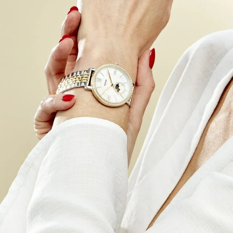 Fossil Jacqueline Analog Moonphase Mother of Pearl White Dial Two Tone Steel Strap Watch for Women - ES5166 Buy Now By Fossil