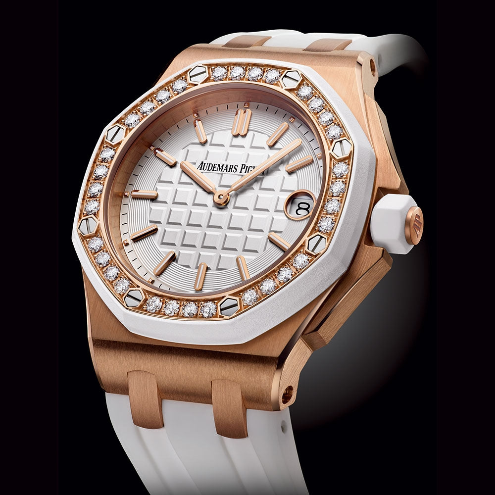 Audemars Piguet Royal Oak Offshore Diamonds White Dial White Rubber Strap Watch for Women - 67540OK.ZZ.D010CA.01