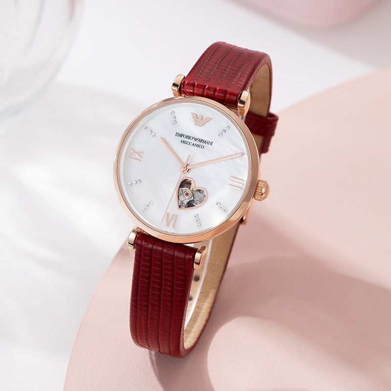 Emporio Armani Gianni T-Bar Mother of Pearl White Dial Red Leather Strap Watch For Women - AR60048