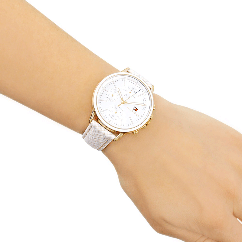 Shop Tommy Hilfiger Carly Silver Dial Cream Leather Strap Watch for Women - 1781790 in USA