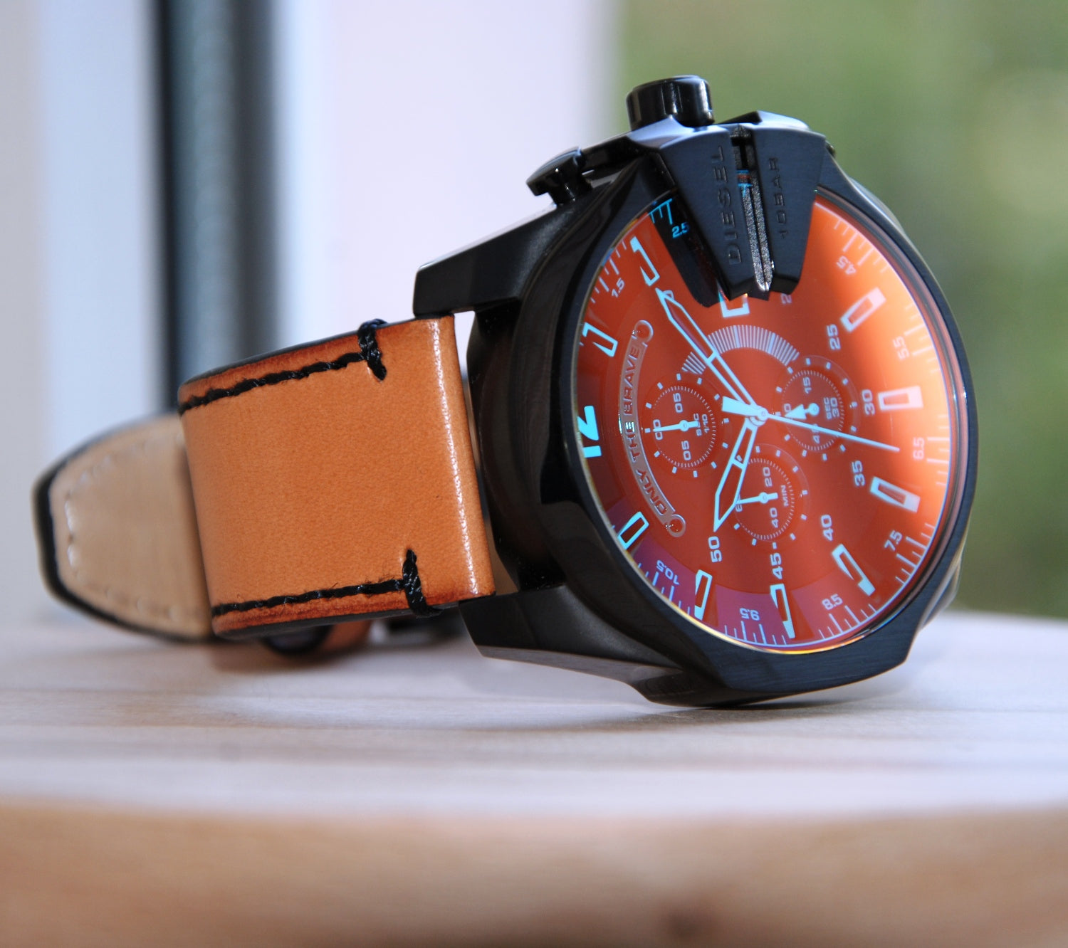 Diesel Mega Chief Chronograph Black Dial Brown Leather Strap Watch For Men - DZ4476