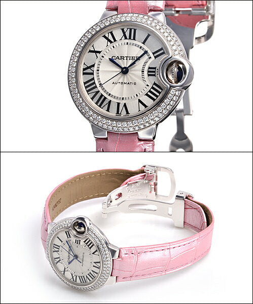 Shop Cartier Ballon Bleu De Cartier Diamonds Silver Dial Pink Leather Strap Watch for Women - WE902037 in USA