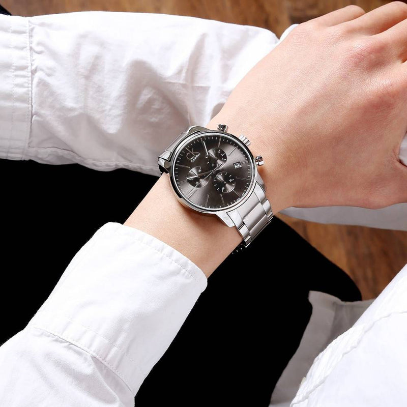 Shop Calvin Klein Masculine Chronograph Black Dial Silver Steel Strap Watch for Men - K2H27104 in USA
