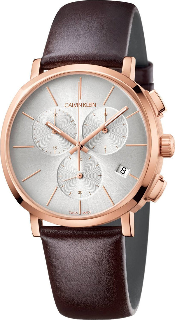 Shop Calvin Klein Posh Chronograph White Dial Brown Leather Strap Watch for Men - K8Q376G6 in USA