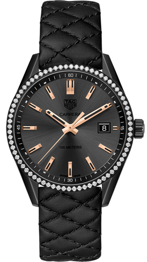 Tag Heuer Carrera Diamonds Anthracite Black Dial Black Leather Strap Watch for Women - WAR1115.FC6392
