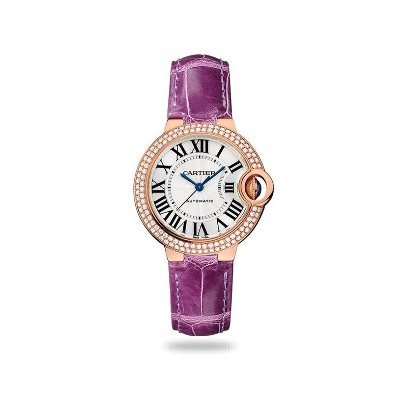 Shop Cartier Ballon Blue De Cartier Diamonds Silver Dial Purple Leather Strap Watch for Women - WJBB0051 in USA