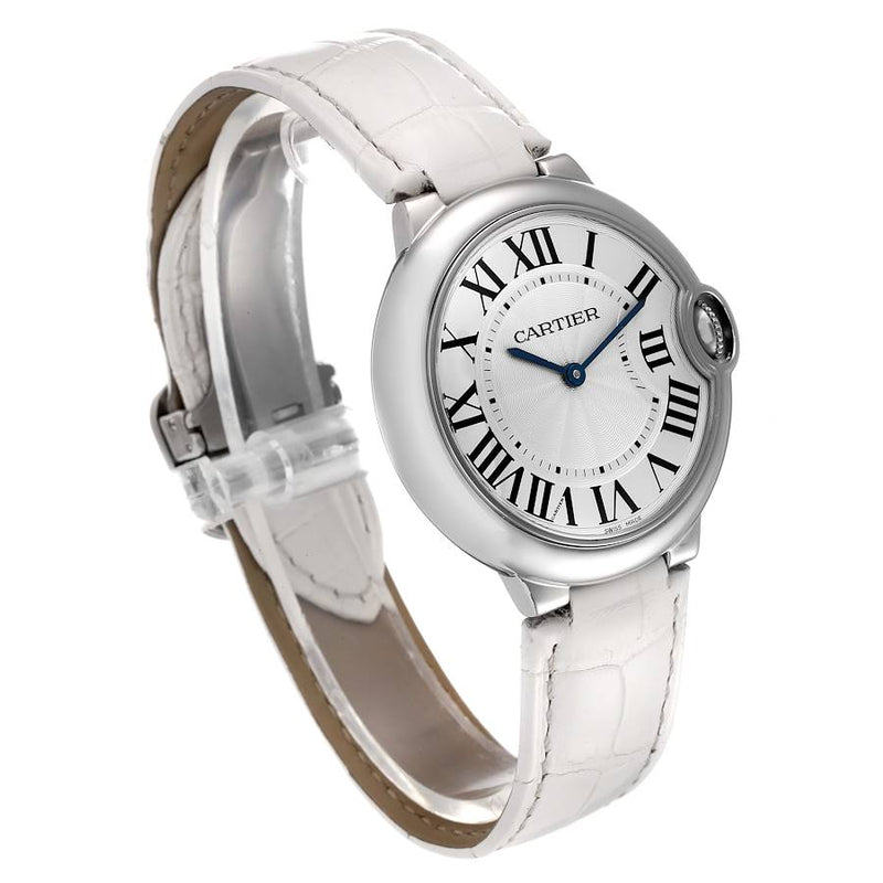Shop Cartier Ballon Bleu de Cartier Silver Dial White Leather Strap Watch for Women - W6920087 in USA