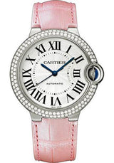 Shop Cartier Ballon Bleu De Cartier Diamonds Silver Dial Pink Leather Strap Watch for Women - WE902037 in USA