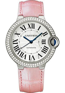 Shop Cartier Ballon Bleu De Cartier Diamonds Silver Dial Pink Leather Strap Watch for Women - WE902037 in USA