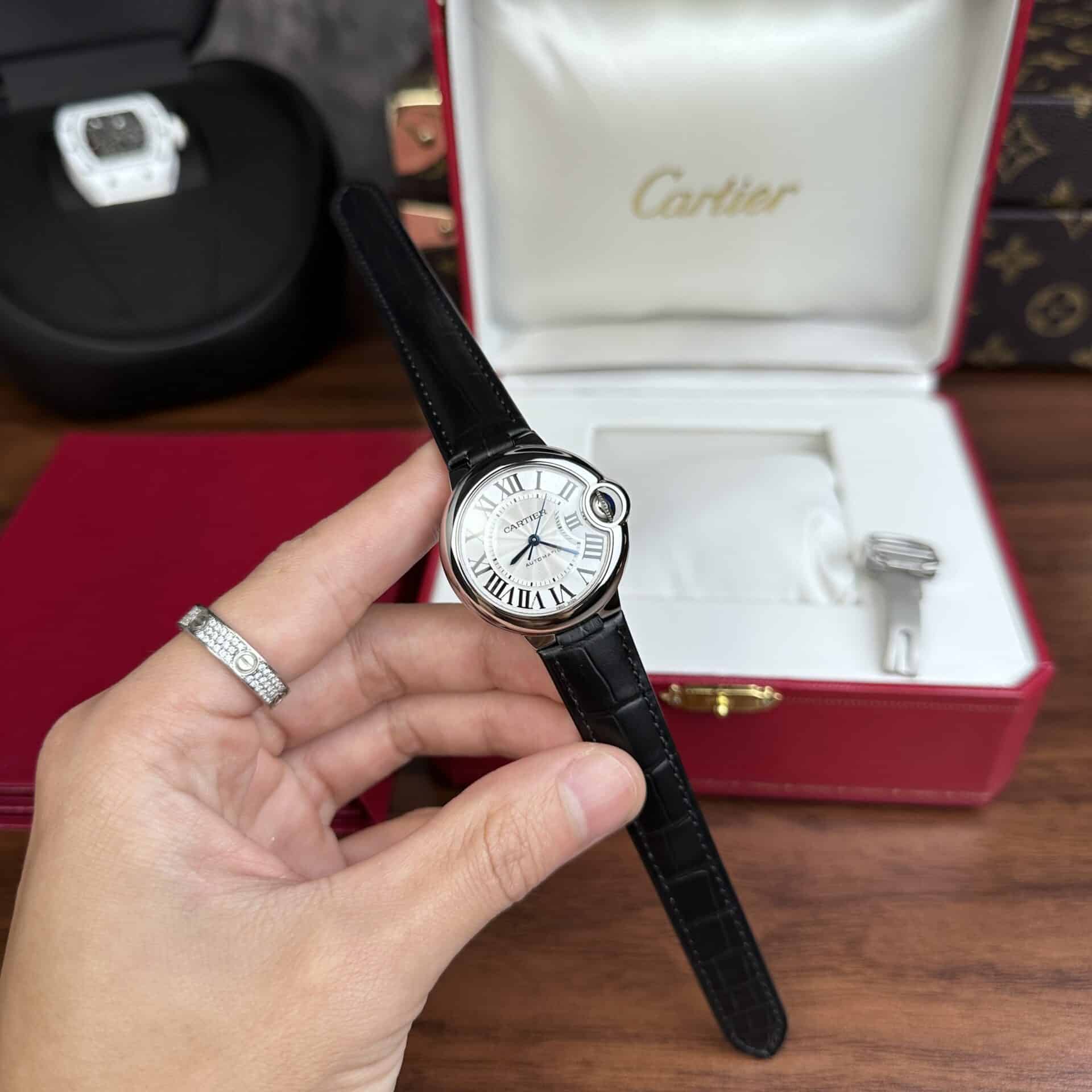 Cartier Ballon Bleu De Cartier Silver Dial Black Leather Strap Watch for Women - WSBB0030