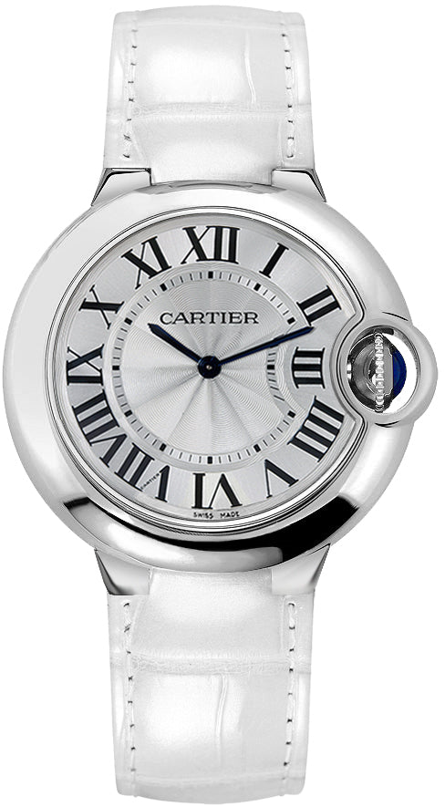 Shop Cartier Ballon Bleu de Cartier Silver Dial White Leather Strap Watch for Women - W6920087 in USA