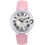Shop Cartier Ballon Bleu De Cartier Diamonds Silver Dial Pink Leather Strap Watch for Women - WE902037 in USA