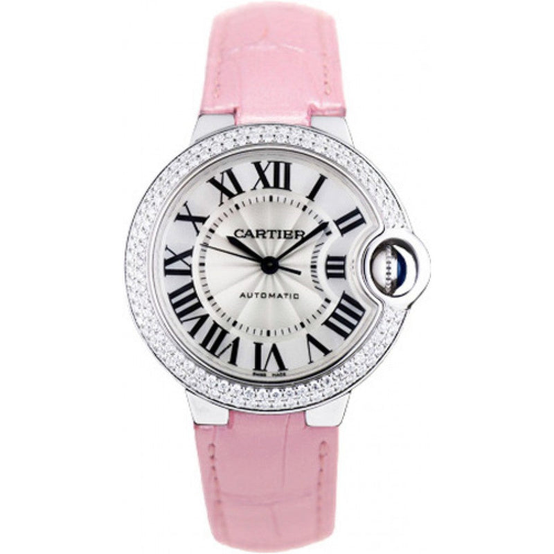 Shop Cartier Ballon Bleu De Cartier Diamonds Silver Dial Pink Leather Strap Watch for Women - WE902037 in USA