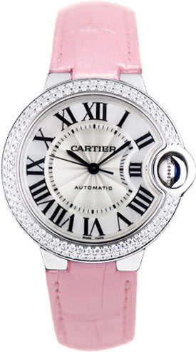 Shop Cartier Ballon Bleu De Cartier Diamonds Silver Dial Pink Leather Strap Watch for Women - WE902037 in USA