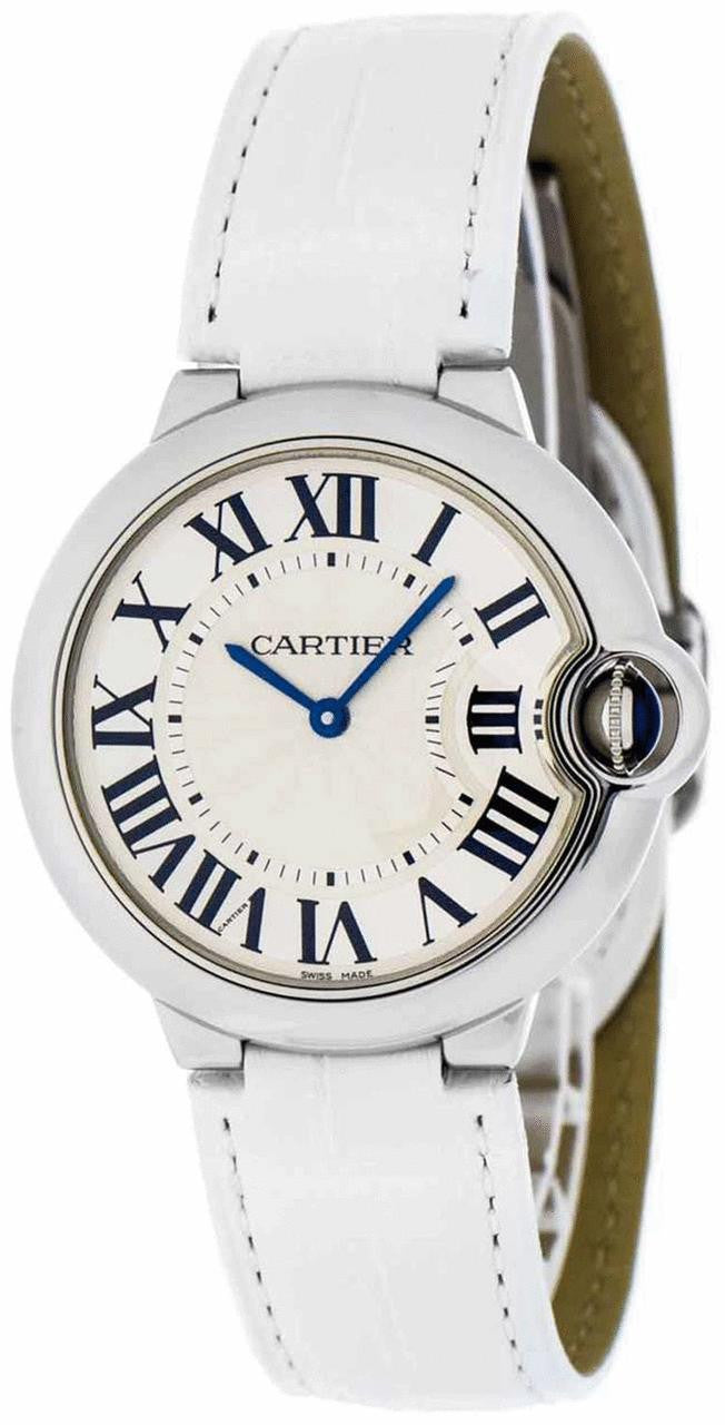 Shop Cartier Ballon Bleu de Cartier Silver Dial White Leather Strap Watch for Women - W6920087 in USA