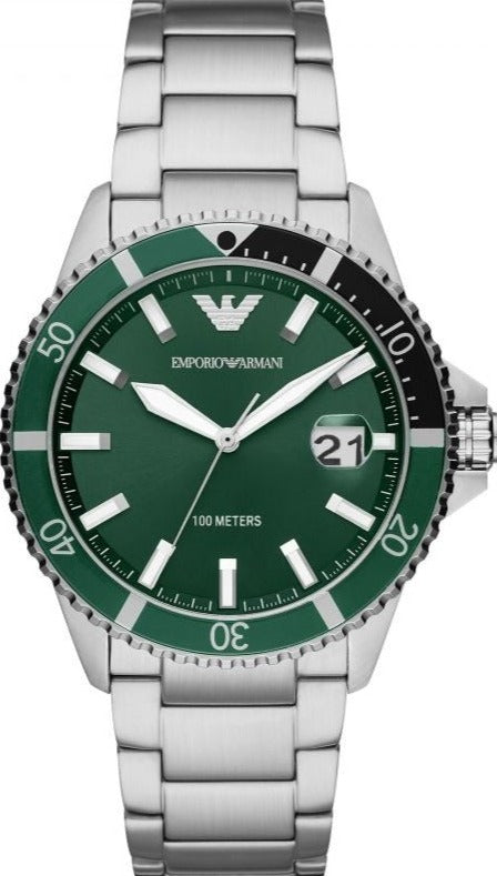 Emporio Armani Three Hand Green Dial Silver Steel Strap Watch For Men - AR11338 Buy Now By Emporio Armani