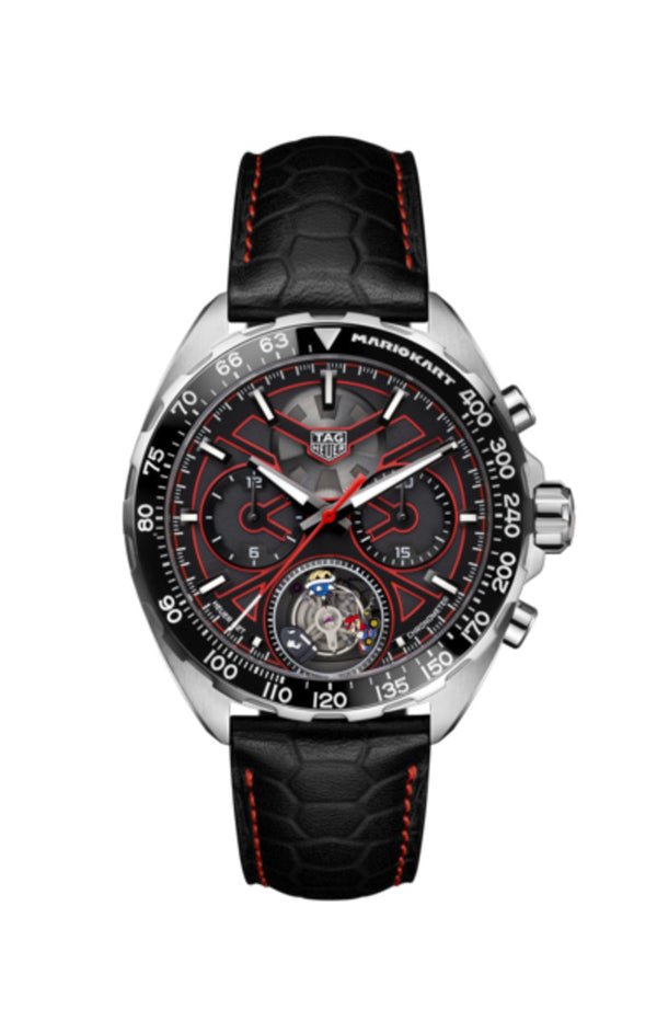 Shop Tag Heuer Formula 1 Mario Kart Chronograph Tourbillion Black Dial Black Leather Strap Watch for Men - CAZ5080.FC6517 in USA