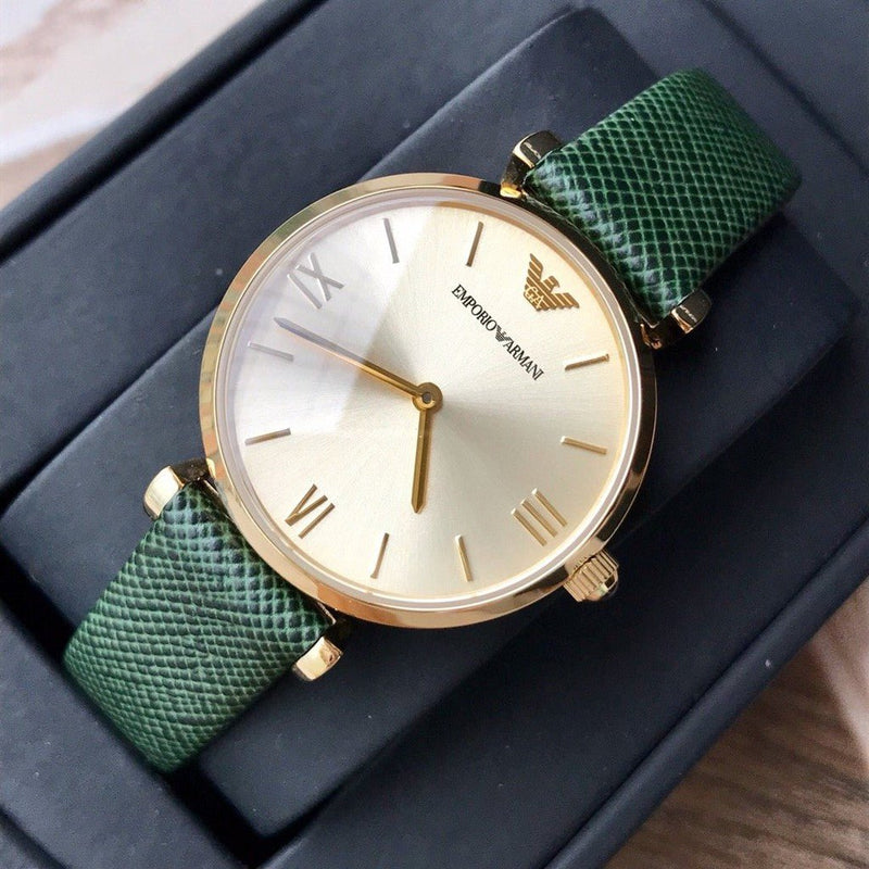 Emporio Armani Retro Champagne Beige Dial Green Leather Strap Watch For Women - AR1726 Buy Now By Emporio Armani