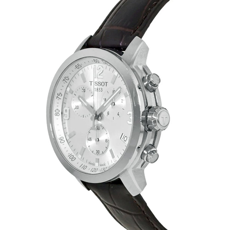 Tissot PRC 200 Chronograph Silver Dial Brown Leather Strap Watch For Men - T055.417.16.037.00