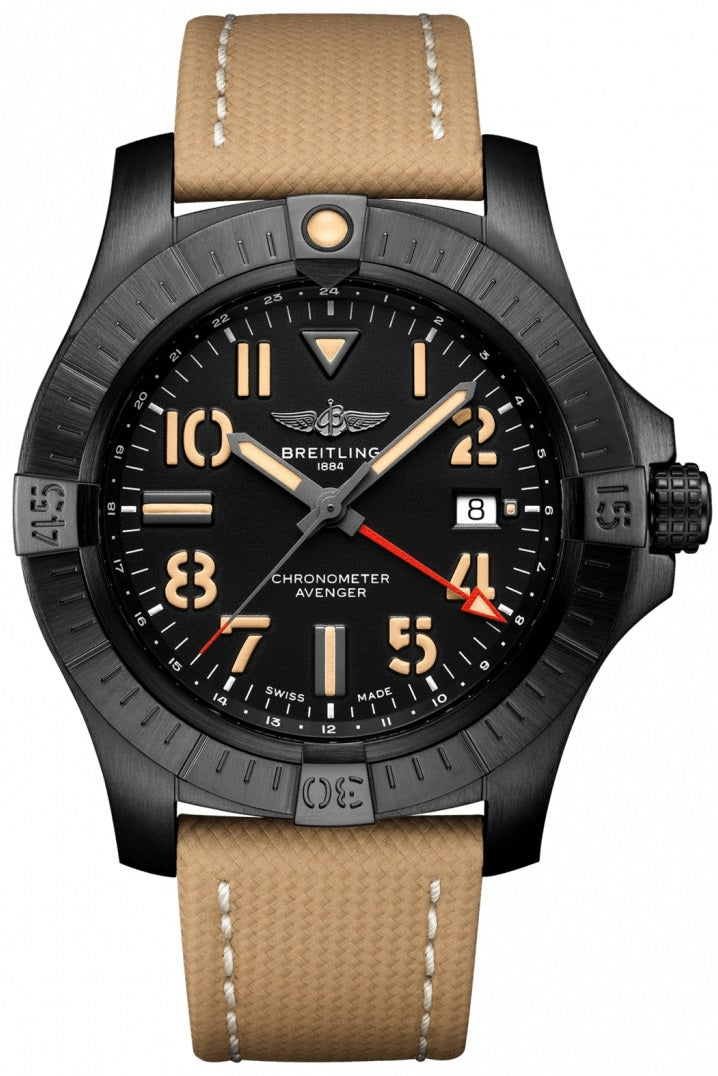 Shop Breitling Avenger Automatic GMT 45 Black Dial Brown Nylon Strap Watch for Men - V32395101B1X1 in USA