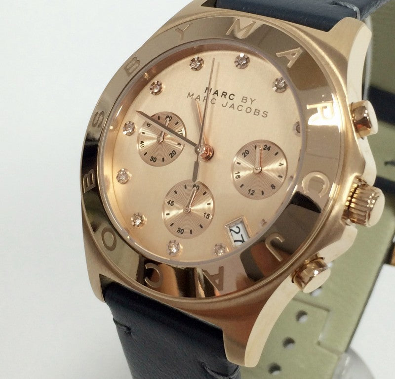 Shop Marc Jacobs Blade Chronograph Rose Gold Dial Black Leather Strap Watch for Women - MBM1188 in USA