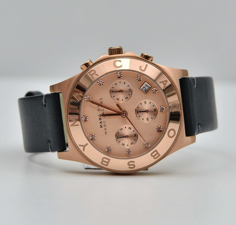 Shop Marc Jacobs Blade Chronograph Rose Gold Dial Black Leather Strap Watch for Women - MBM1188 in USA