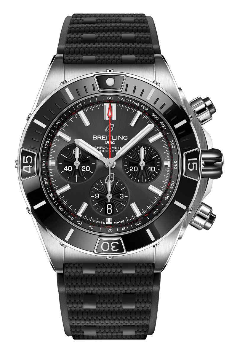 Breitling Super Chronomat B01 44 Black Dial Black Rubber Strap Watch for Men - AB0136251B2S1