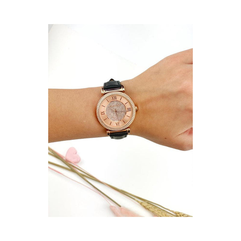 Michael Kors Catlin Rose Gold Crystal Dial Black Leather Strap Watch for Women - MK2376 Buy Now By Michael Kors