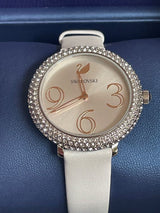 Shop Swarovski Crystal Frost Silver Dial White Leather Strap Watch for Women - 5484070 in USA