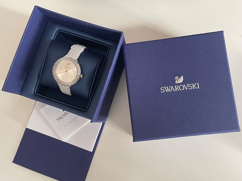 Shop Swarovski Crystal Frost Silver Dial White Leather Strap Watch for Women - 5484070 in USA