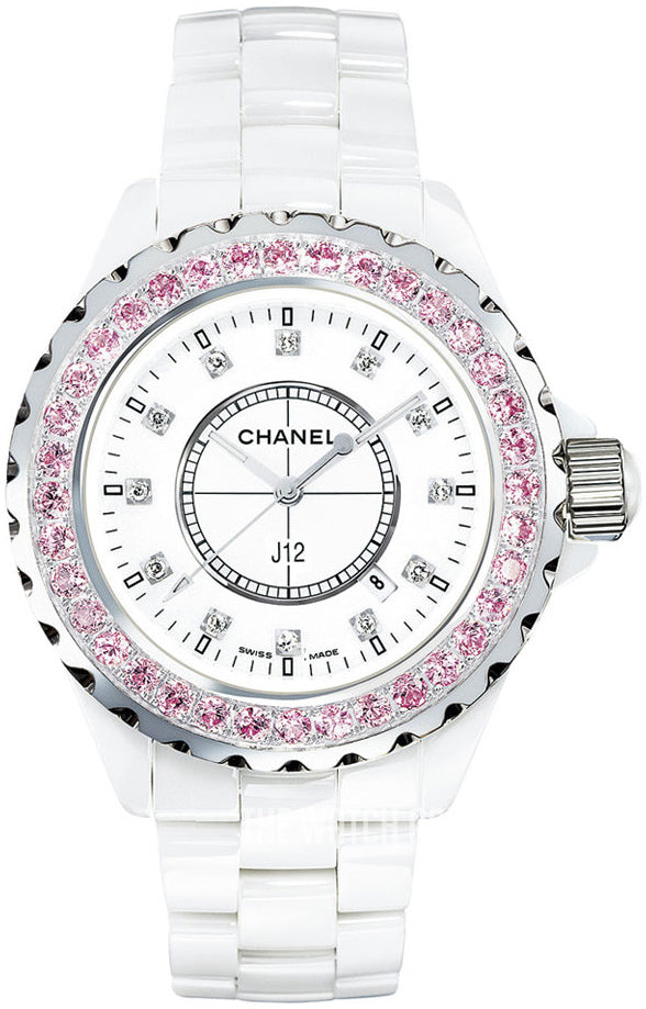 Shop Chanel J12 Sapphire Bezel Ceramic White Dial White Steel Strap Watch for Women - J12 H2010 in USA