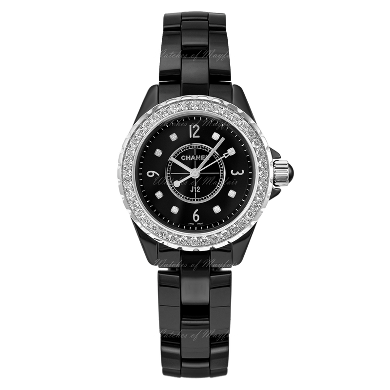 Chanel J12 Diamonds Ceramic Black Dial Black Steel Strap Watch for Women - J12 H2571