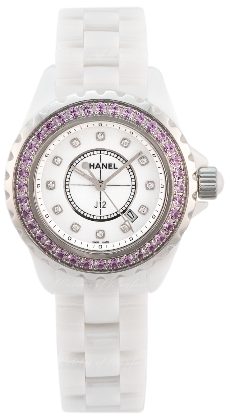 Shop Chanel J12 Sapphire Bezel Ceramic White Dial White Steel Strap Watch for Women - J12 H2010 in USA