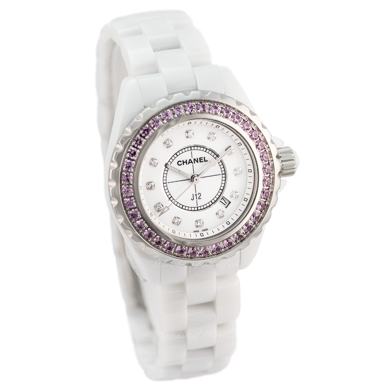 Shop Chanel J12 Sapphire Bezel Ceramic White Dial White Steel Strap Watch for Women - J12 H2010 in USA