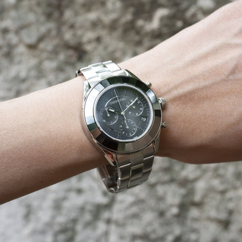 Shop Swarovski Octea Lux Sport Chronograph Black Dial Silver Steel Strap Watch for Women - 5610520 in USA