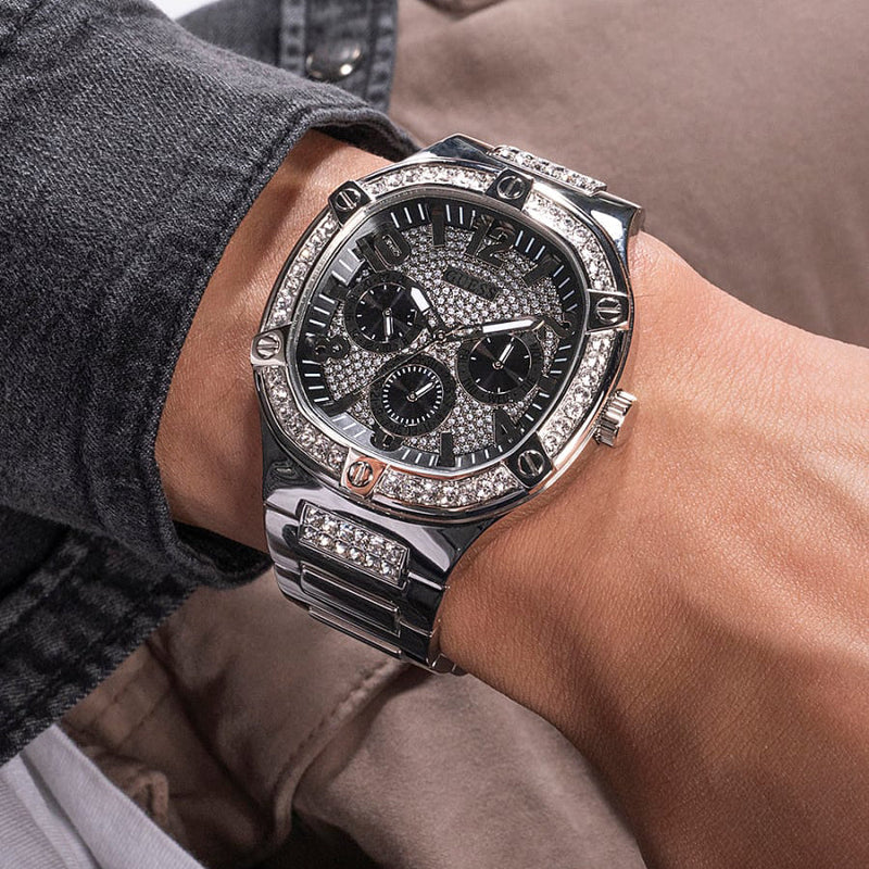 Guess Duke Glitz Black Dial Silver Steel Strap Watch For Men - GW0576G1 Buy Now By Guess