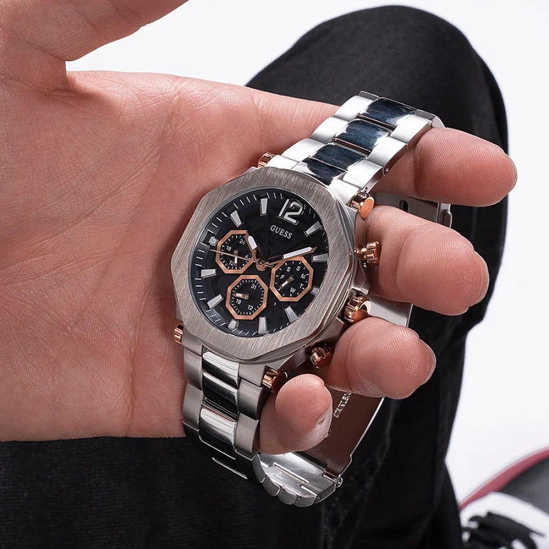 Guess Edge Chronograph Black Dial Silver Steel Strap Watch For Men - GW0539G1 Buy Now By Guess