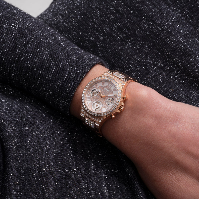 Guess Moonlight Multi Function Diamonds White Dial Rose Gold Steel Strap Watch for Women - GW0320L3 Buy Now By Guess
