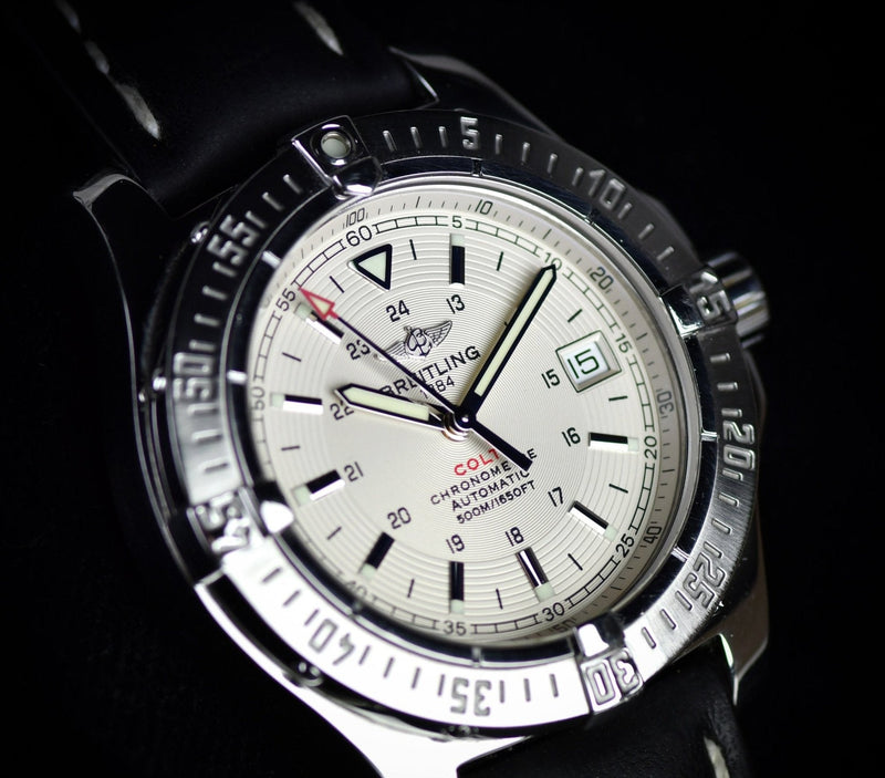 Breitling Colt 44mm Automatic Silver Dial Black Leather Mens Watch - A1731311/G820/428X