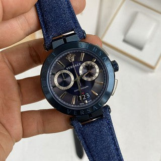 Shop Versace Aion Chronograph Blue Dial Blue Leather Strap Watch for Men - VBR070017 in USA