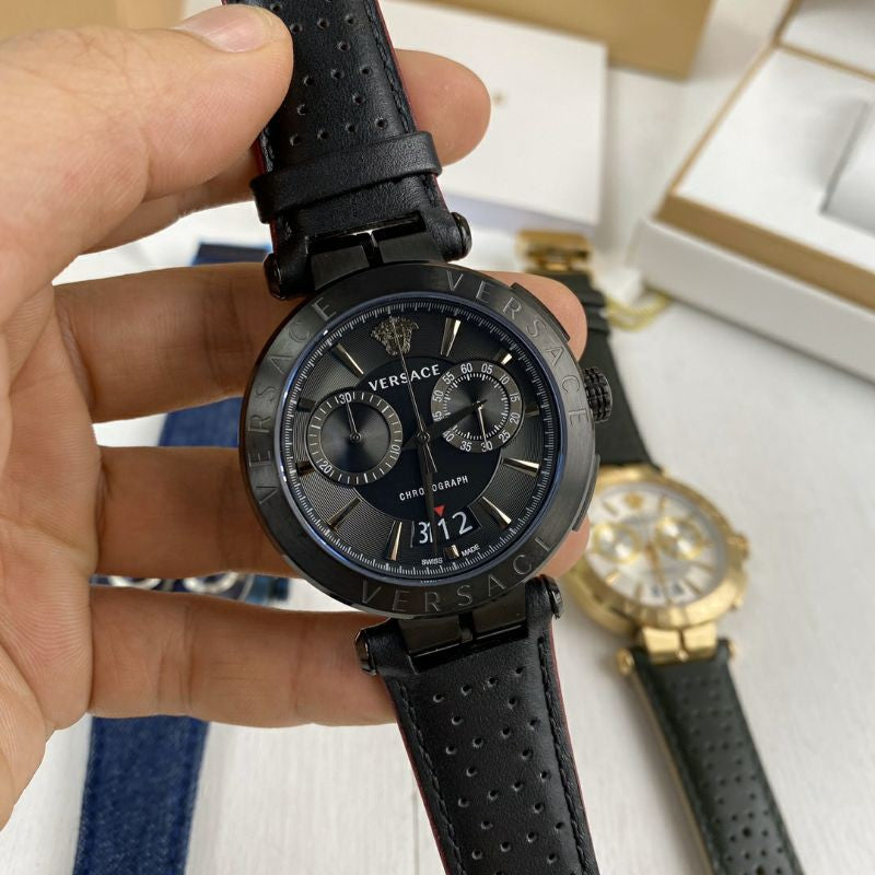 Versace V-Racer Aion Chronograph Black Dial Black Leather Strap Watch for Men - VBR030017 Buy Now By Versace
