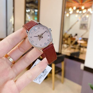 Shop Gucci G Timeless Quartz Diamonds Pink Dial Red Leather Strap Watch For Women - YA1265017 in USA
