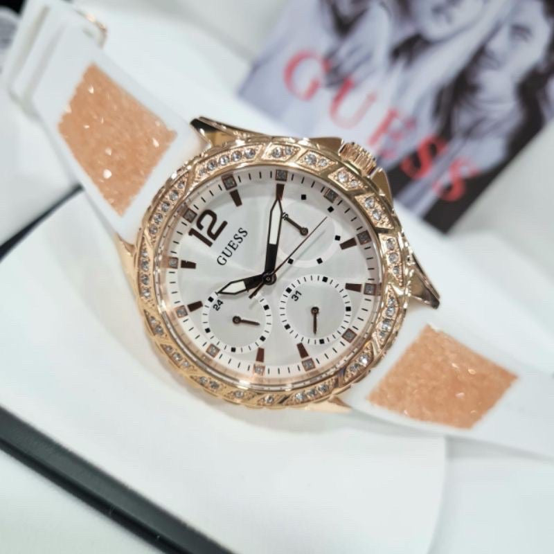 Guess Swirl Quartz Silver Dial White Rubber Strap Watch For Women - W1096l2 Buy Now By Guess
